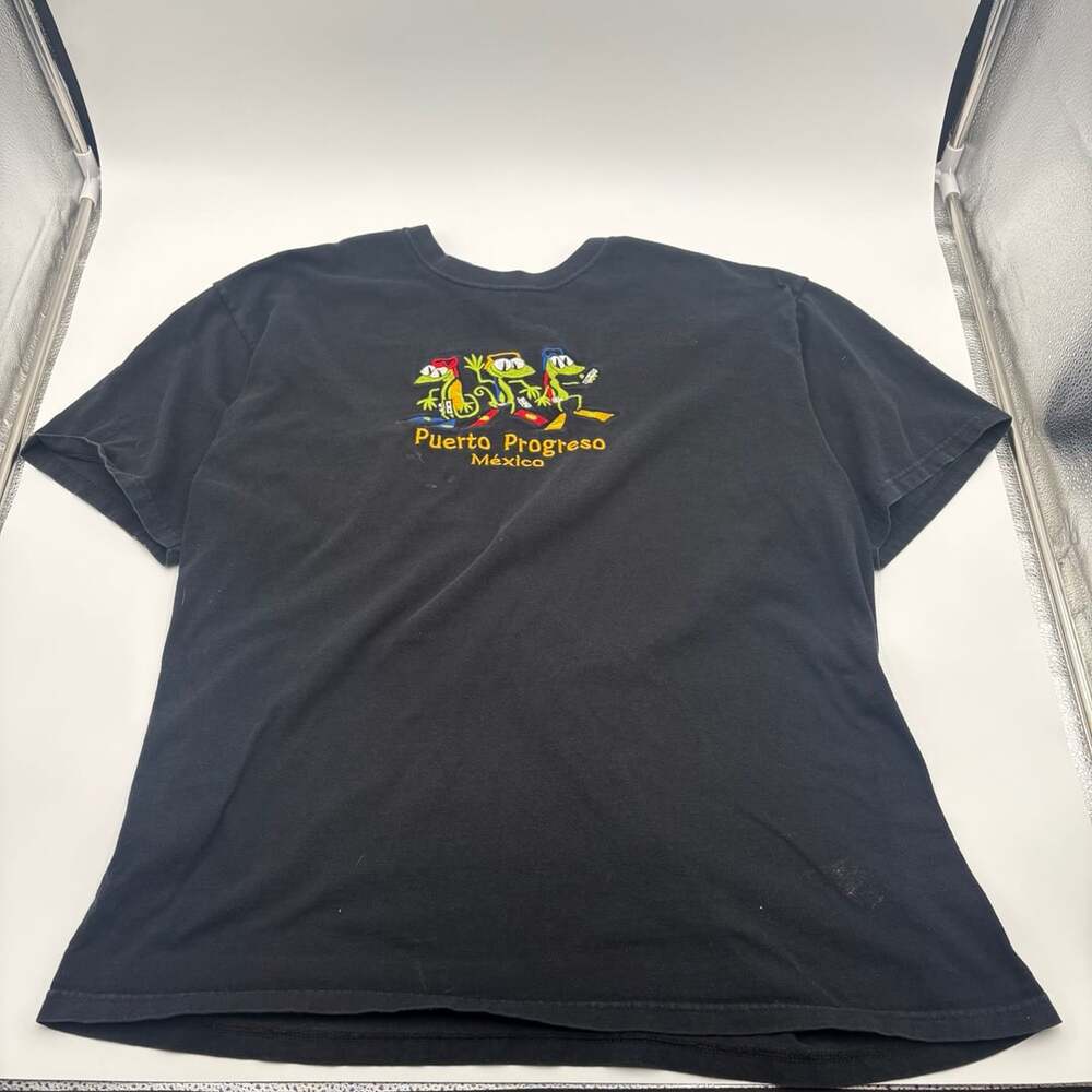Vintage Yazbek Puerto Progreso Mexico Frog Graphic Embroidered Black T-Shirt XL